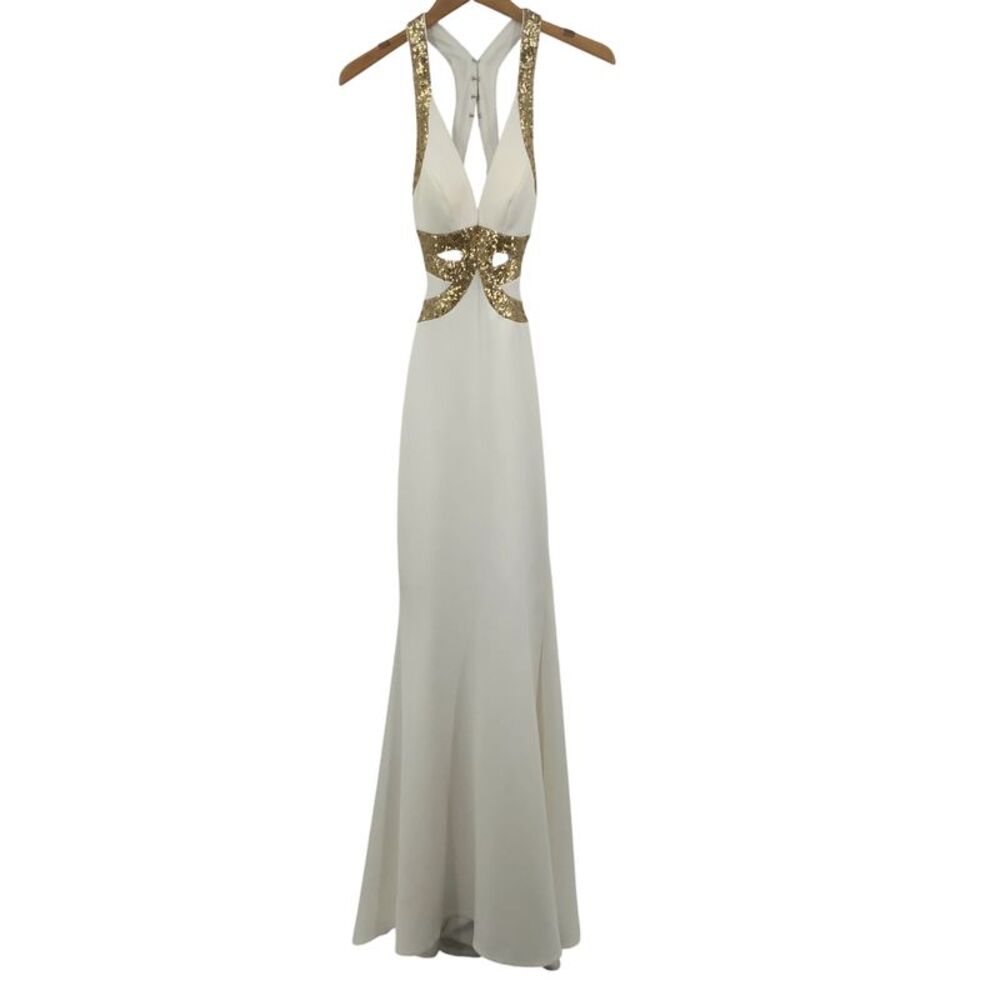 Faviana Gold Halter Neck Gown White 0